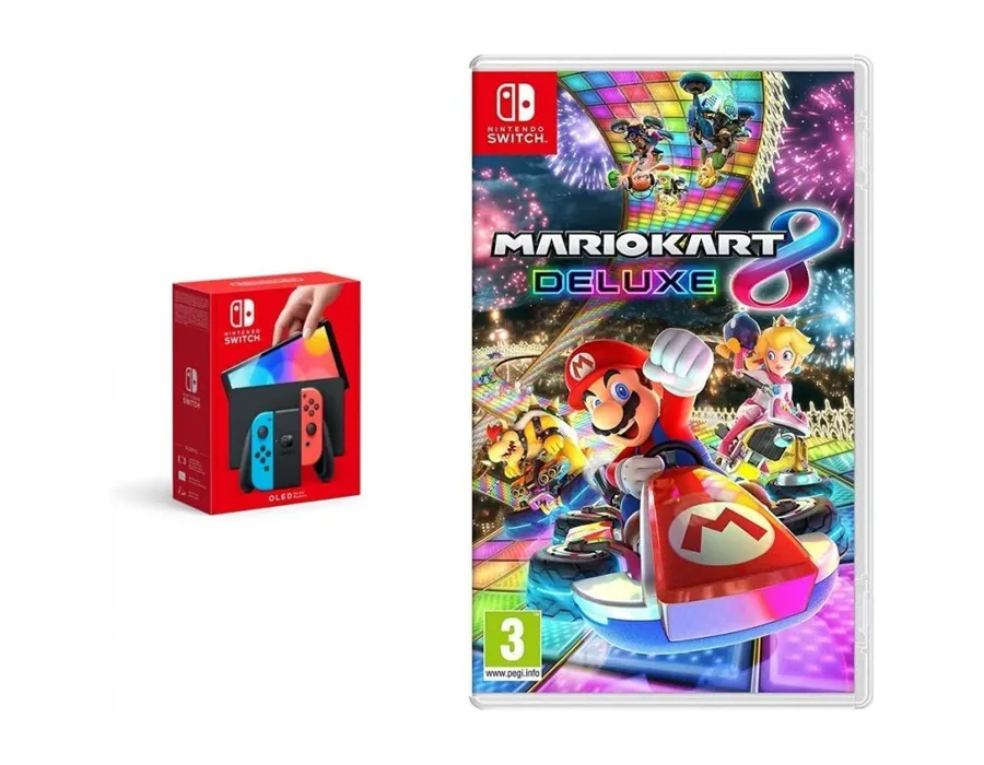 Console Nintendo Switch (Modèle OLED) avec Manettes Joy-Con Bleu Néon/Rouge Néon + Mario Kart 8 Deluxe — vue 3