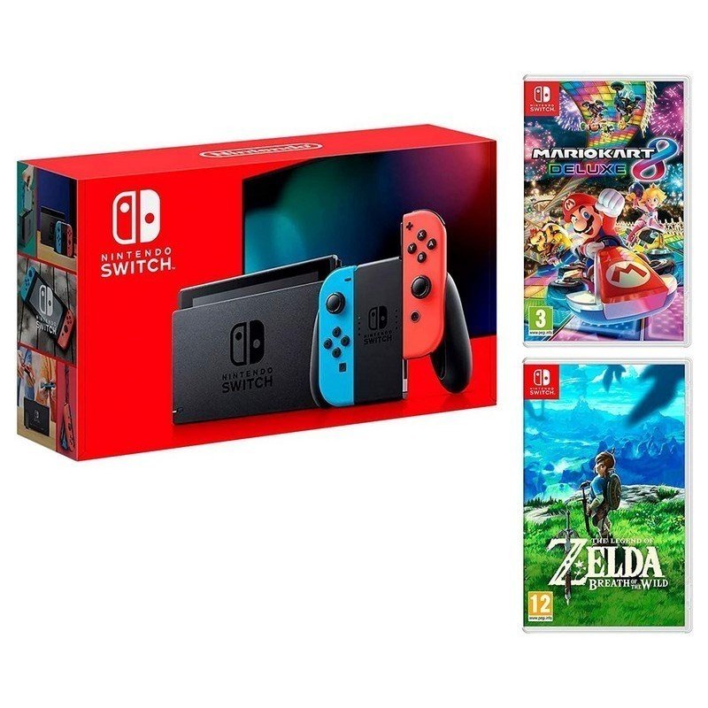 Pack Nintendo Switch Rouge/Bleu Néon 32Go Pack Mario Kart 8 Deluxe + Zelda: Breath of The Wild