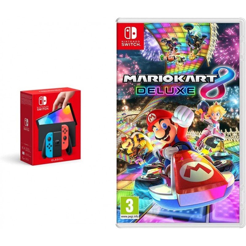 Console Nintendo Switch (Modèle OLED) avec Manettes Joy-Con Bleu Néon/Rouge Néon + Mario Kart 8 Deluxe