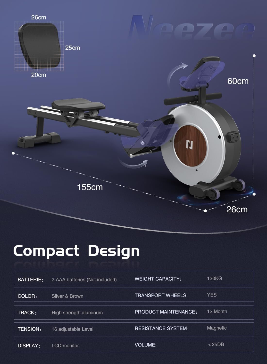 Neezee rameur domestique avec rail en aluminium, avec support de tablette, résistance à l'eau et écran LCD – Image 3