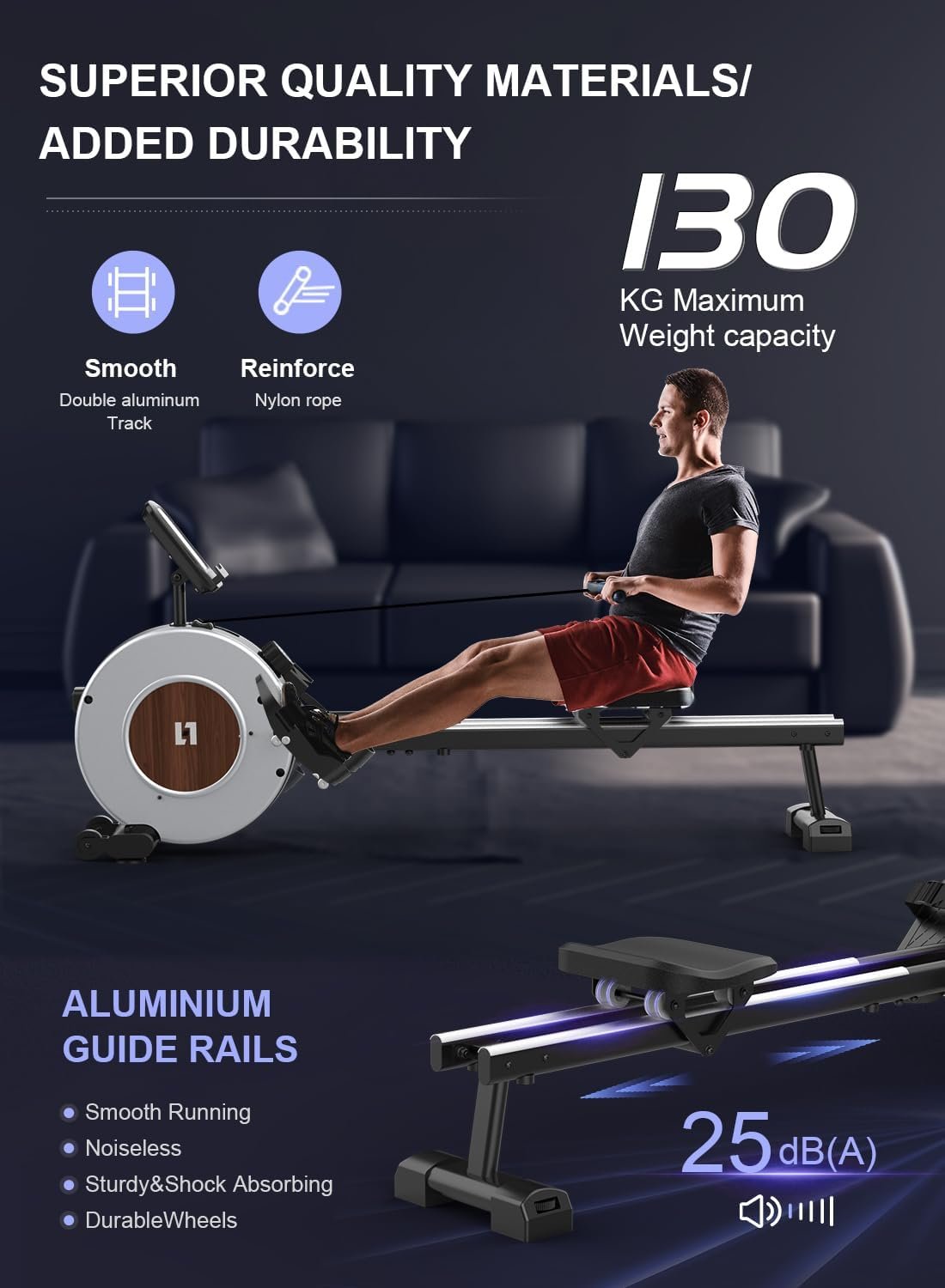 Neezee rameur domestique avec rail en aluminium, avec support de tablette, résistance à l'eau et écran LCD – Image 6