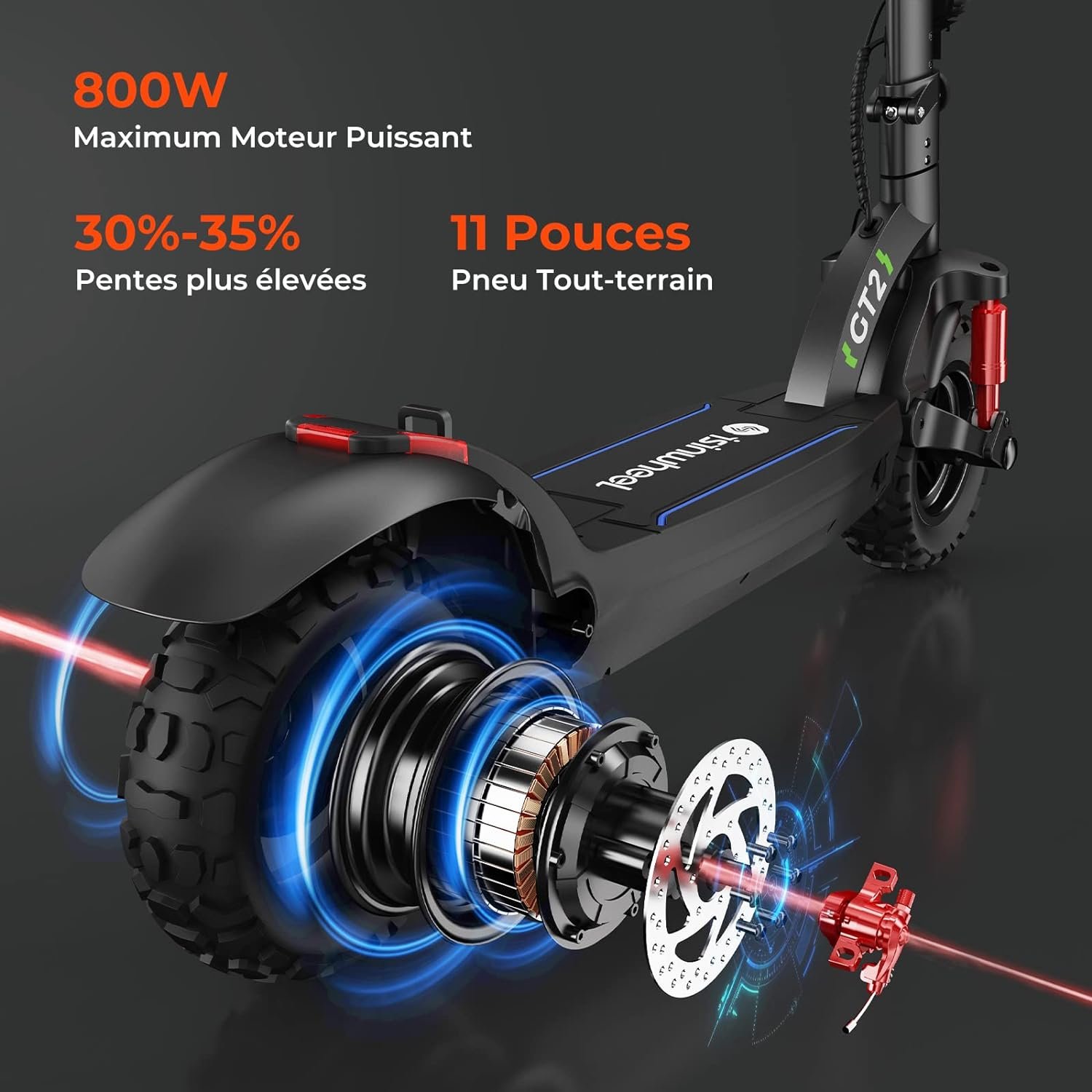 Trottinette Électrique Adultes 11" Pliable, isinwheel GT2 Trottinette Électrique 8OOW, Batterie Capacité 15AH, 45KM Kilométrage,3 Modes de Vitesse, Vitesse Maximum 25KM/H, Charge Maximale 150kg – Image 5