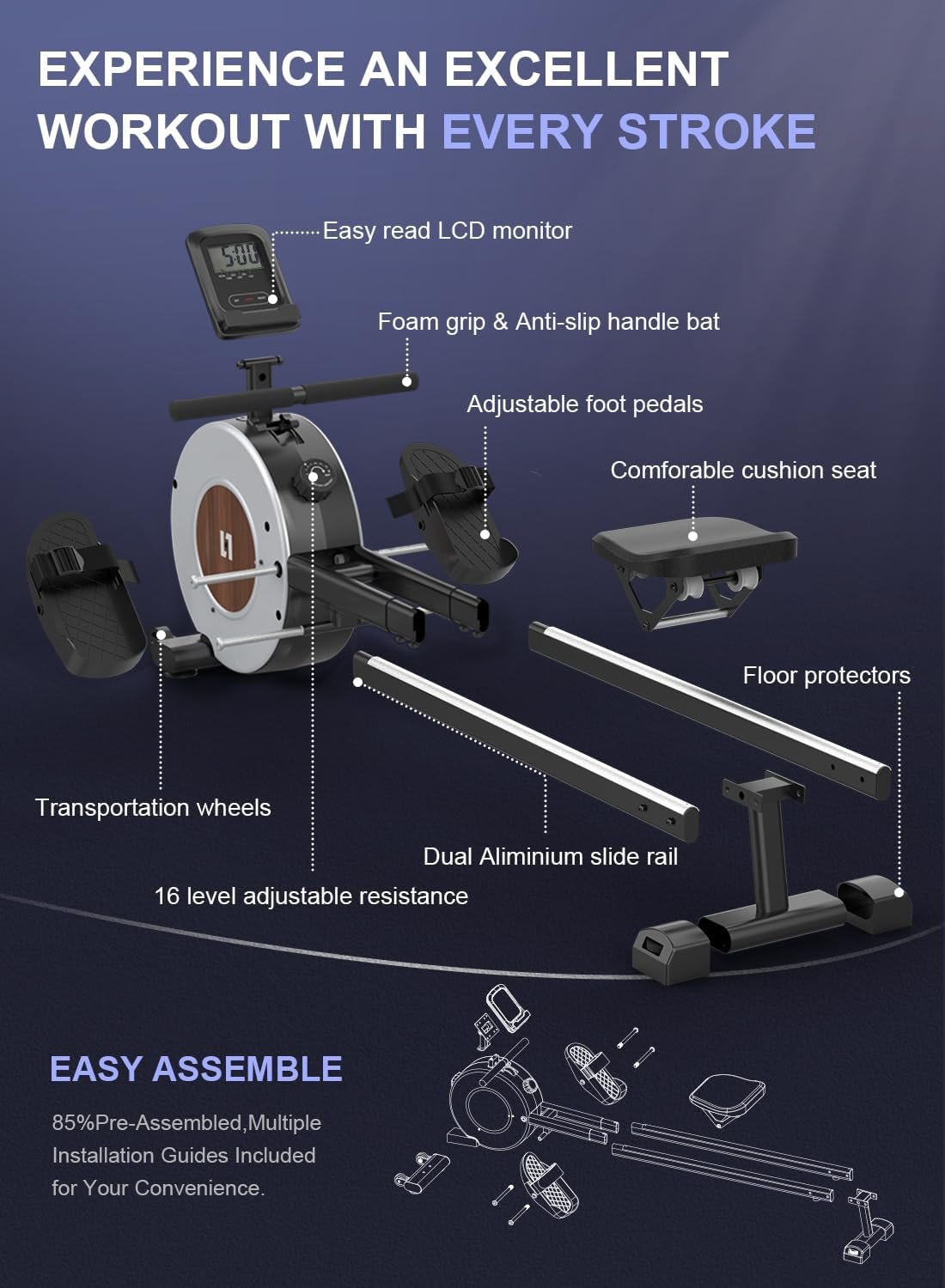 Neezee rameur domestique avec rail en aluminium, avec support de tablette, résistance à l'eau et écran LCD – Image 2
