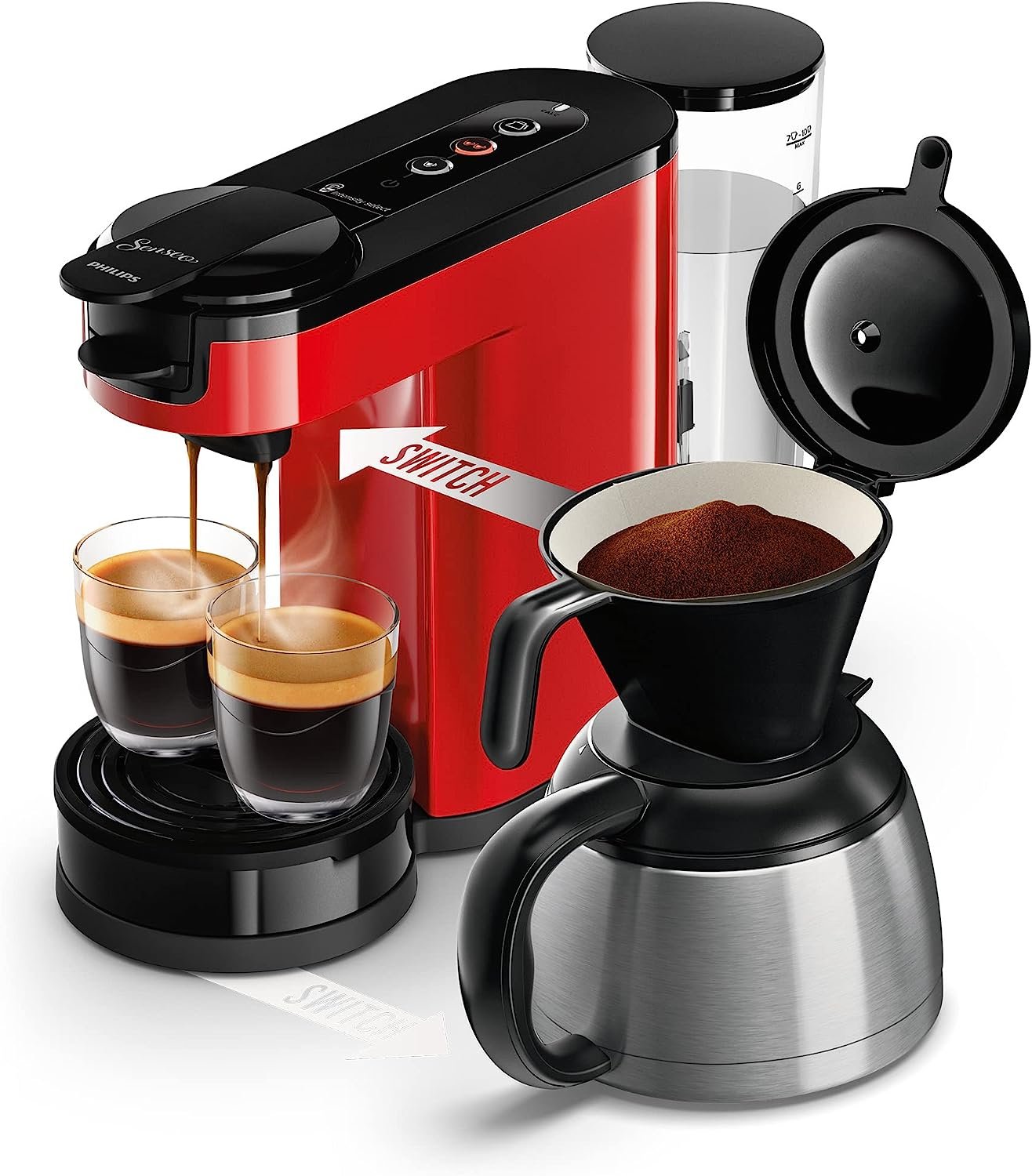 Philips Domestic Appliances SENSEO Switch HD6592/84 Machine à café à dosettes et filtre, technologie de brassage 2 en 1, réservoir d'eau de 1 litre, 7 tasses en un seul passage, rouge monzarre