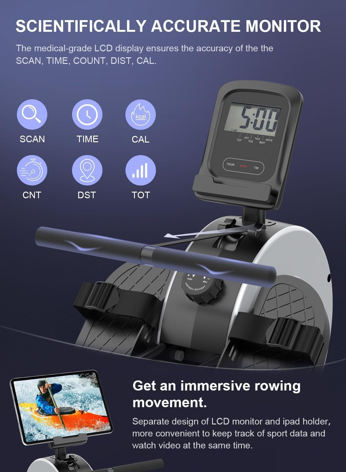 Neezee rameur domestique avec rail en aluminium, avec support de tablette, résistance à l'eau et écran LCD – Image 7