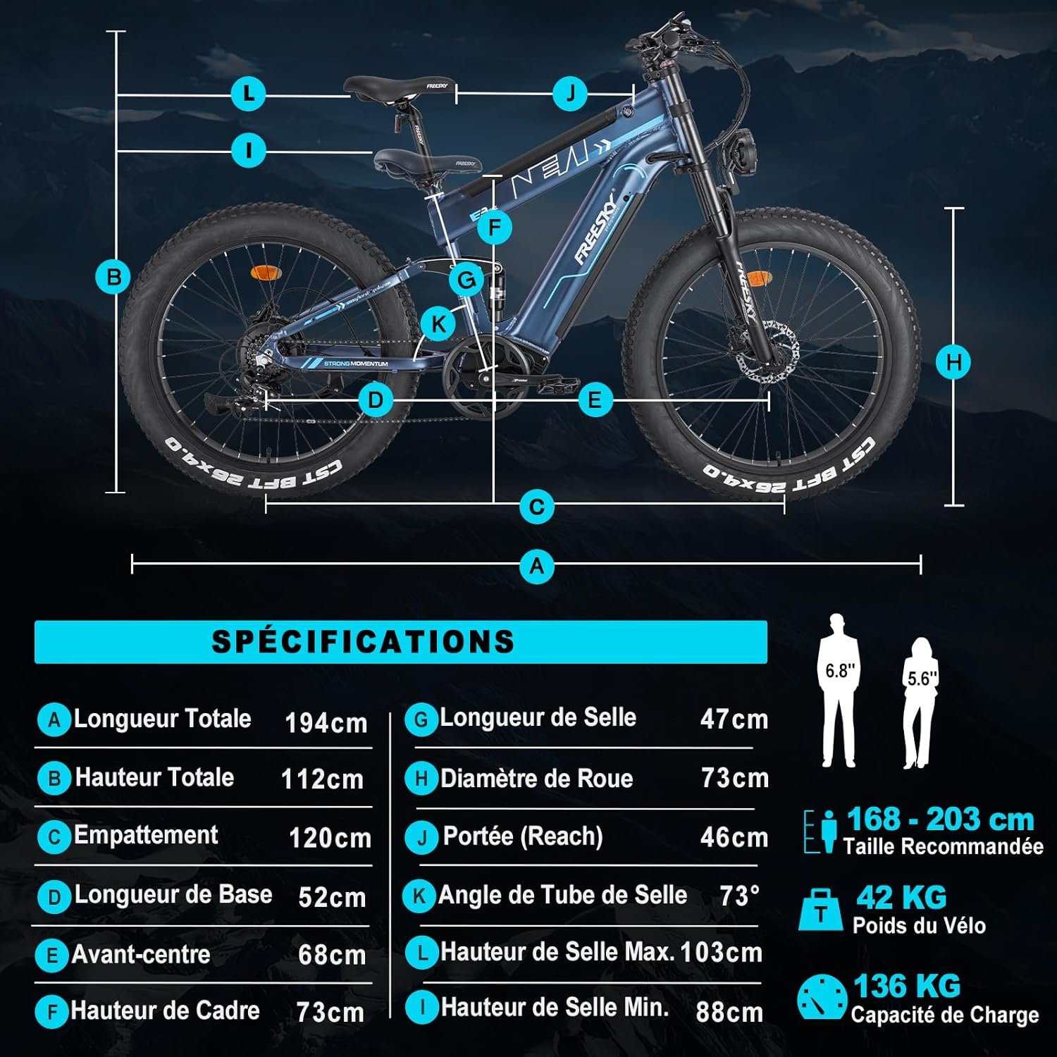 FREESKY Alaska Pro Vélo Électrique, 48V 41Ah Double Batterie Amovible, Autonomie 145-260km, 26"*4.0" Fat Tire Suspension Totale VTT Électrique Adulte, Velo Electrique, Écran LCD, Shimano 7 Vitesses – Image 2
