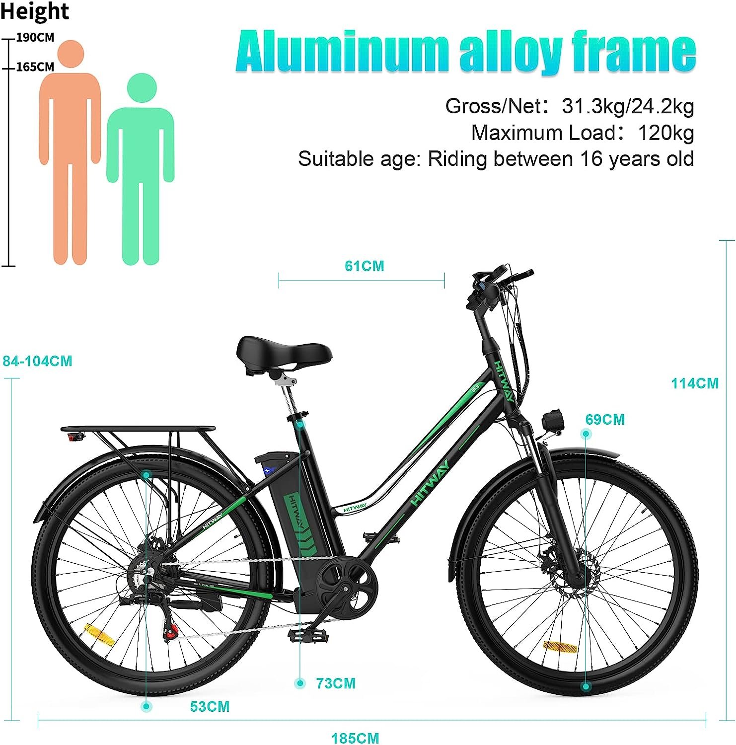 HITWAY Vélo électrique, 26” vélos électriques Femme,Moteur 250W,Shimano 7 Vitesses,E-Bike avec Batterie au Lithium Amovible 36V 11,2Ah 35-90km Ebike – Image 5