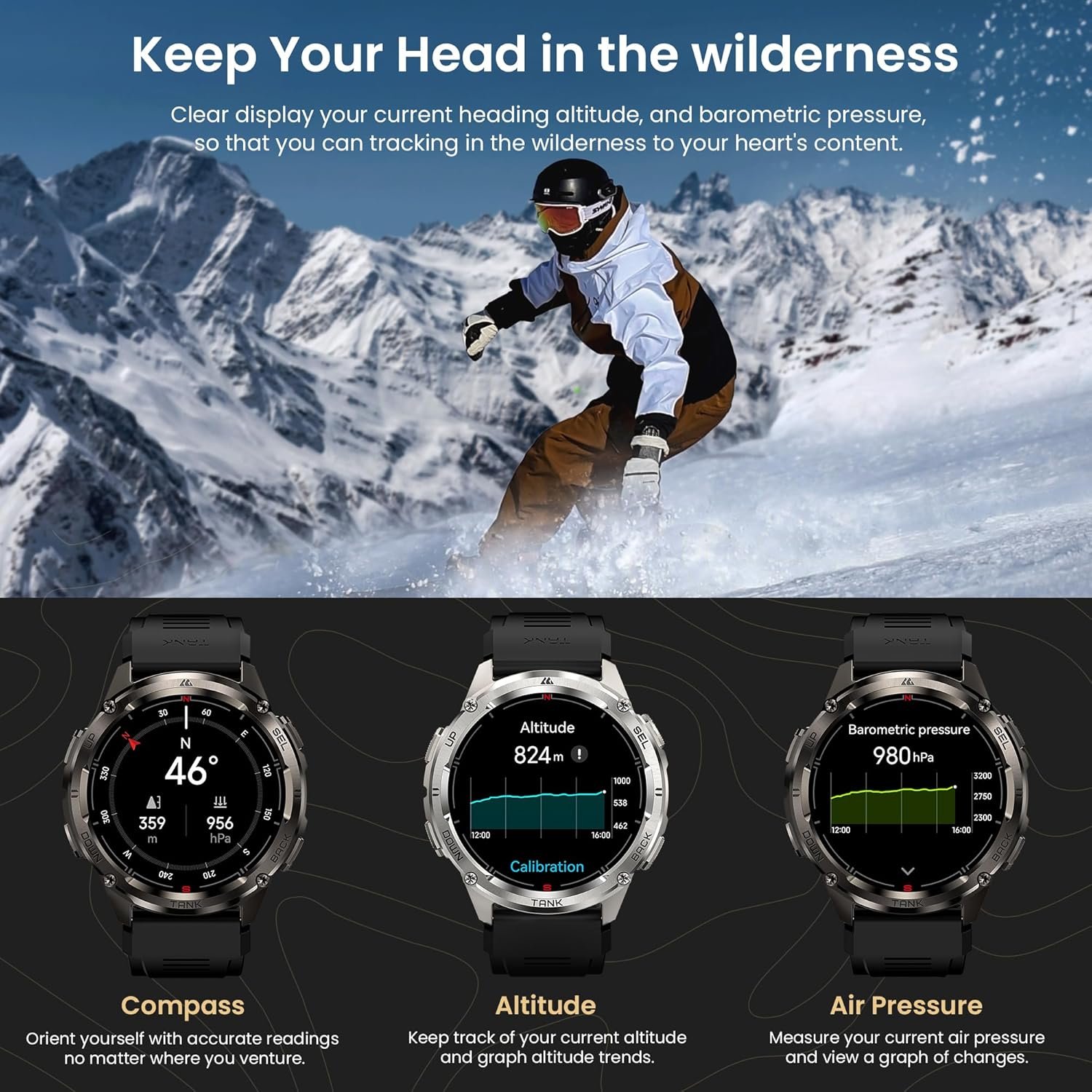 KOSPET Tank T3 Ultra 2 GPS Montre Connectée Homme- Acier Inoxydable Batterie de Grande Capacité 50M Étanche, Smartwatch Boussole Altimètre Appel,1.43" AMOLED Toujour Activé Fréquence Cardiaque – Image 6