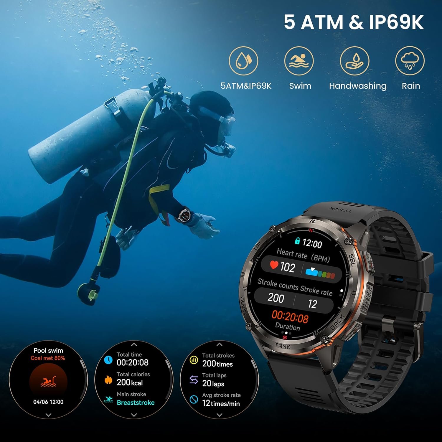KOSPET Tank T3 Ultra 2 GPS Montre Connectée Homme- Acier Inoxydable Batterie de Grande Capacité 50M Étanche, Smartwatch Boussole Altimètre Appel,1.43" AMOLED Toujour Activé Fréquence Cardiaque – Image 5