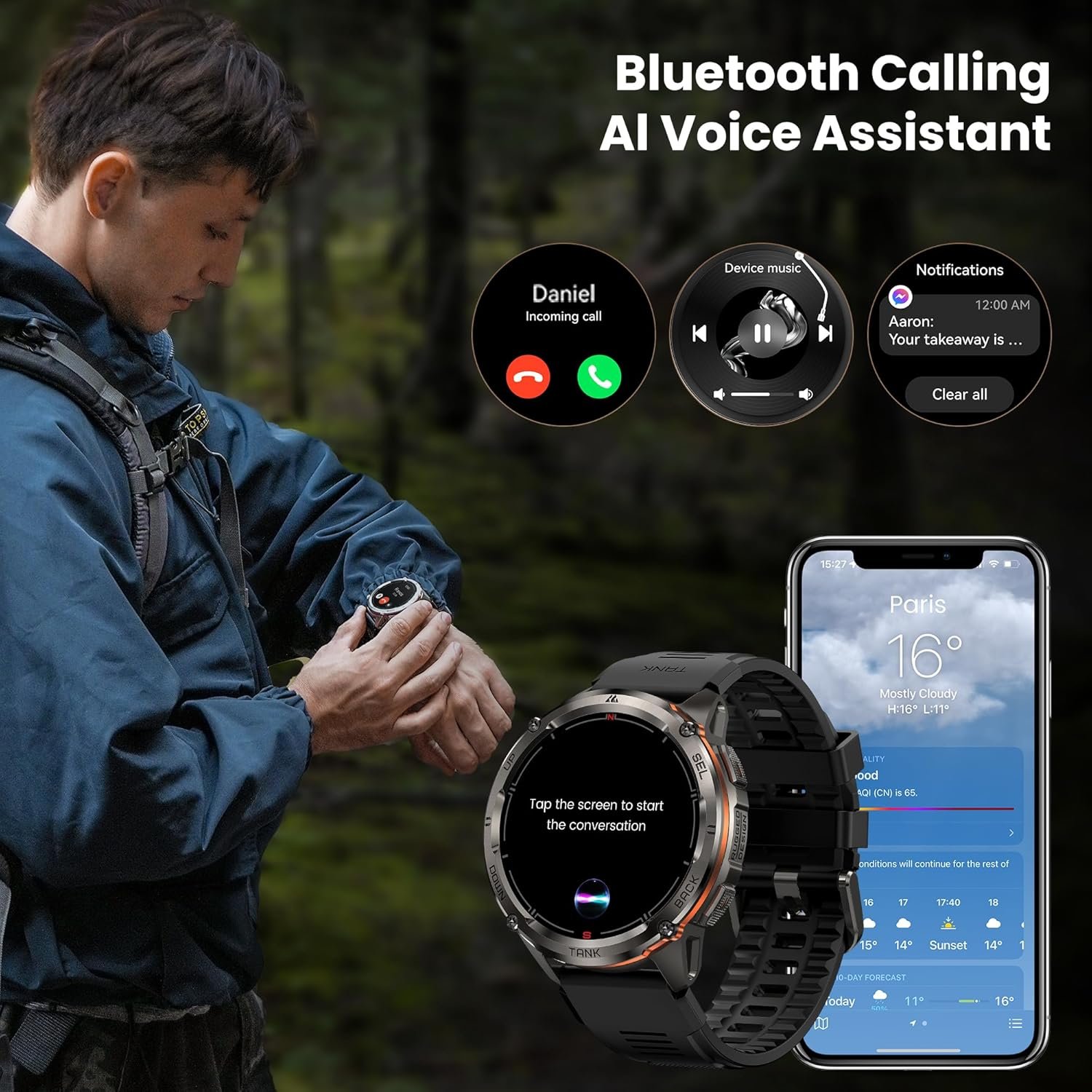 KOSPET Tank T3 Ultra 2 GPS Montre Connectée Homme- Acier Inoxydable Batterie de Grande Capacité 50M Étanche, Smartwatch Boussole Altimètre Appel,1.43" AMOLED Toujour Activé Fréquence Cardiaque – Image 2