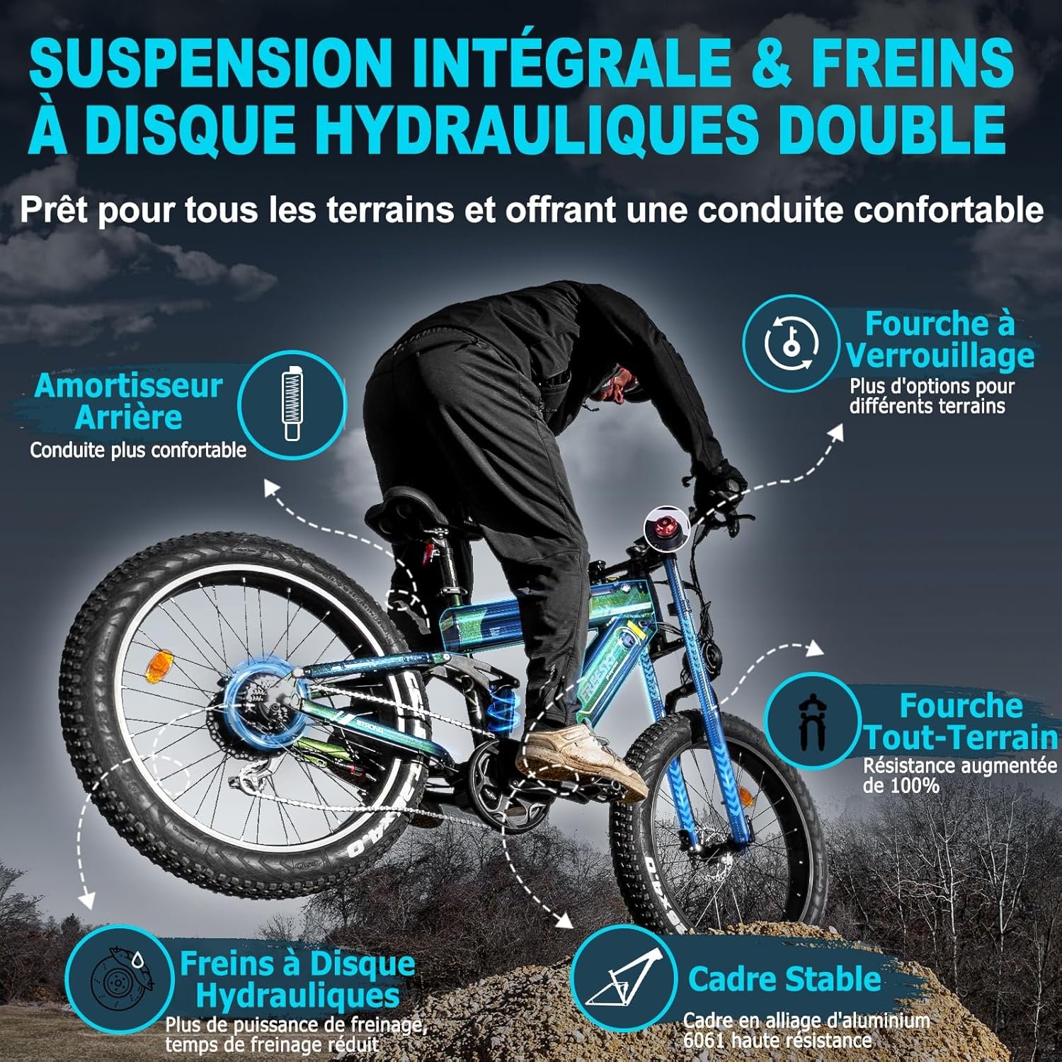 FREESKY Alaska Pro Vélo Électrique, 48V 41Ah Double Batterie Amovible, Autonomie 145-260km, 26"*4.0" Fat Tire Suspension Totale VTT Électrique Adulte, Velo Electrique, Écran LCD, Shimano 7 Vitesses – Image 5