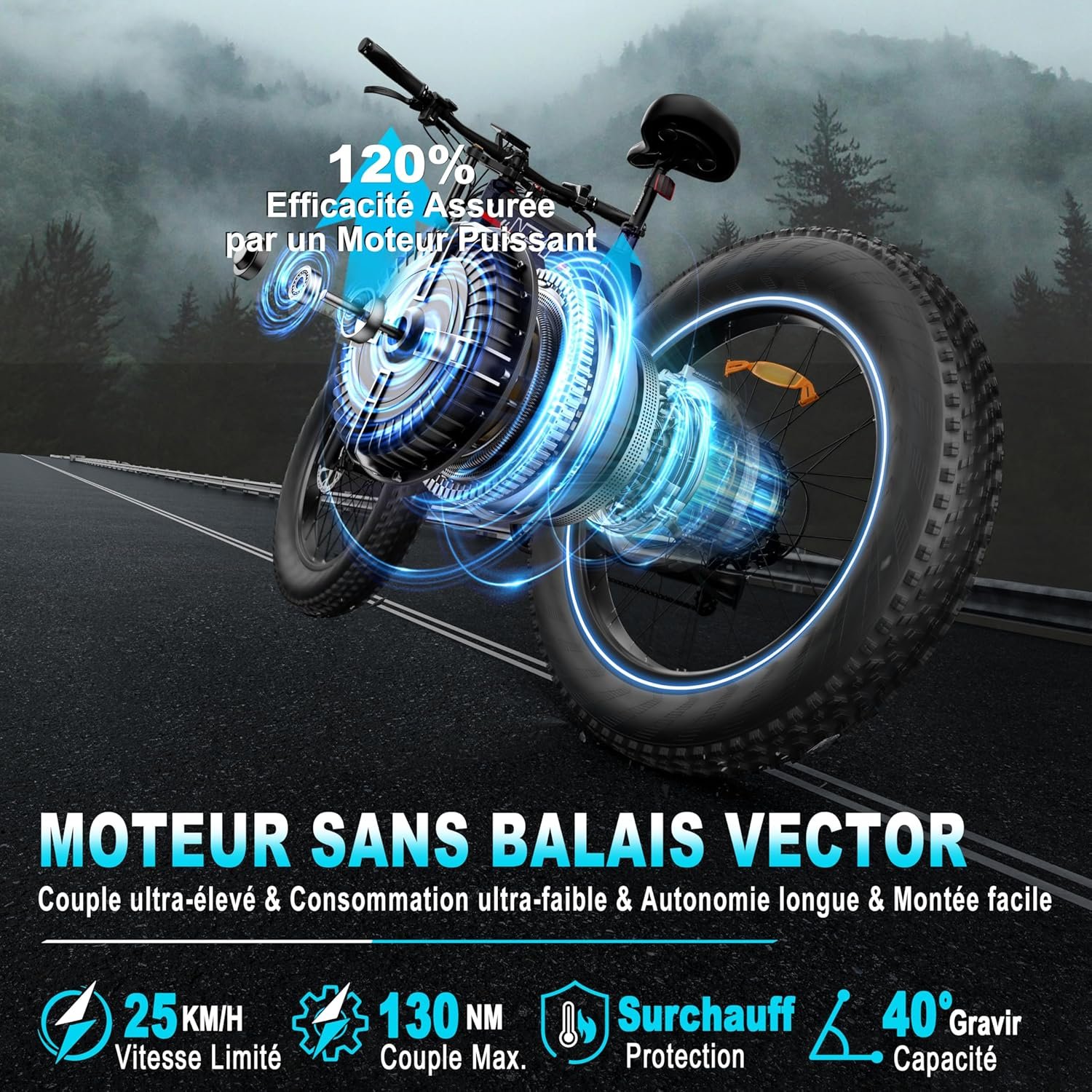 FREESKY Alaska Pro Vélo Électrique, 48V 41Ah Double Batterie Amovible, Autonomie 145-260km, 26"*4.0" Fat Tire Suspension Totale VTT Électrique Adulte, Velo Electrique, Écran LCD, Shimano 7 Vitesses – Image 6