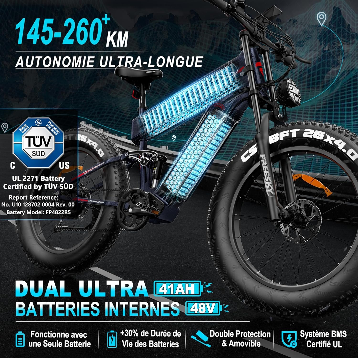 FREESKY Alaska Pro Vélo Électrique, 48V 41Ah Double Batterie Amovible, Autonomie 145-260km, 26"*4.0" Fat Tire Suspension Totale VTT Électrique Adulte, Velo Electrique, Écran LCD, Shimano 7 Vitesses – Image 7
